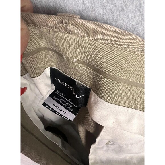 Nike Golf Dri-Fit Golf Pants Men 36X34 Khaki FitDry Pleated Cuffed Swoosh Logo - Picture 7 of 11